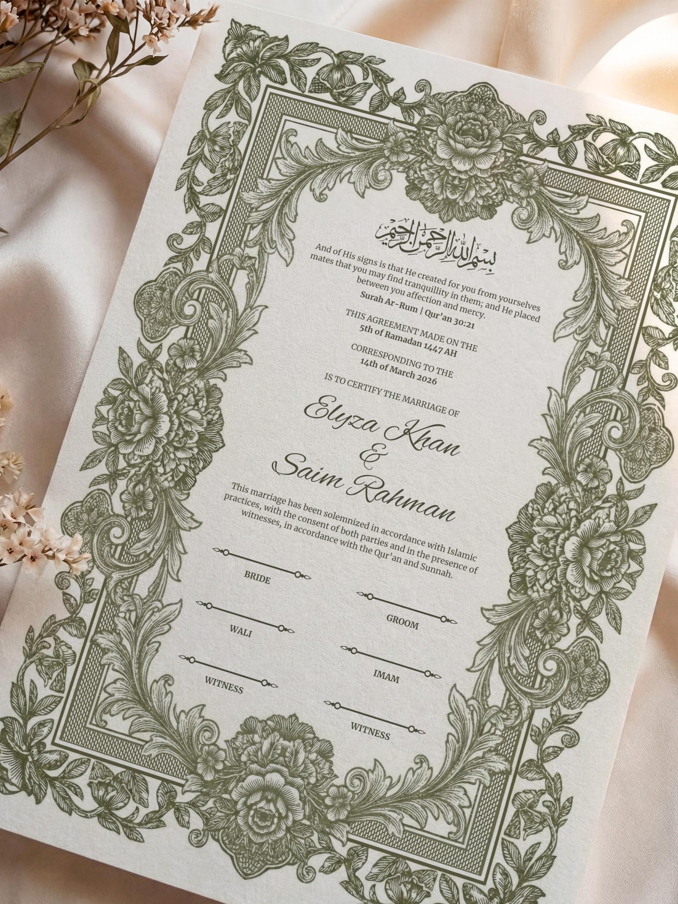 Muslim Wedding Contract: Botanical Vintage Green Floral Islamic Nikkah Certificate, Elegant Marriage Template