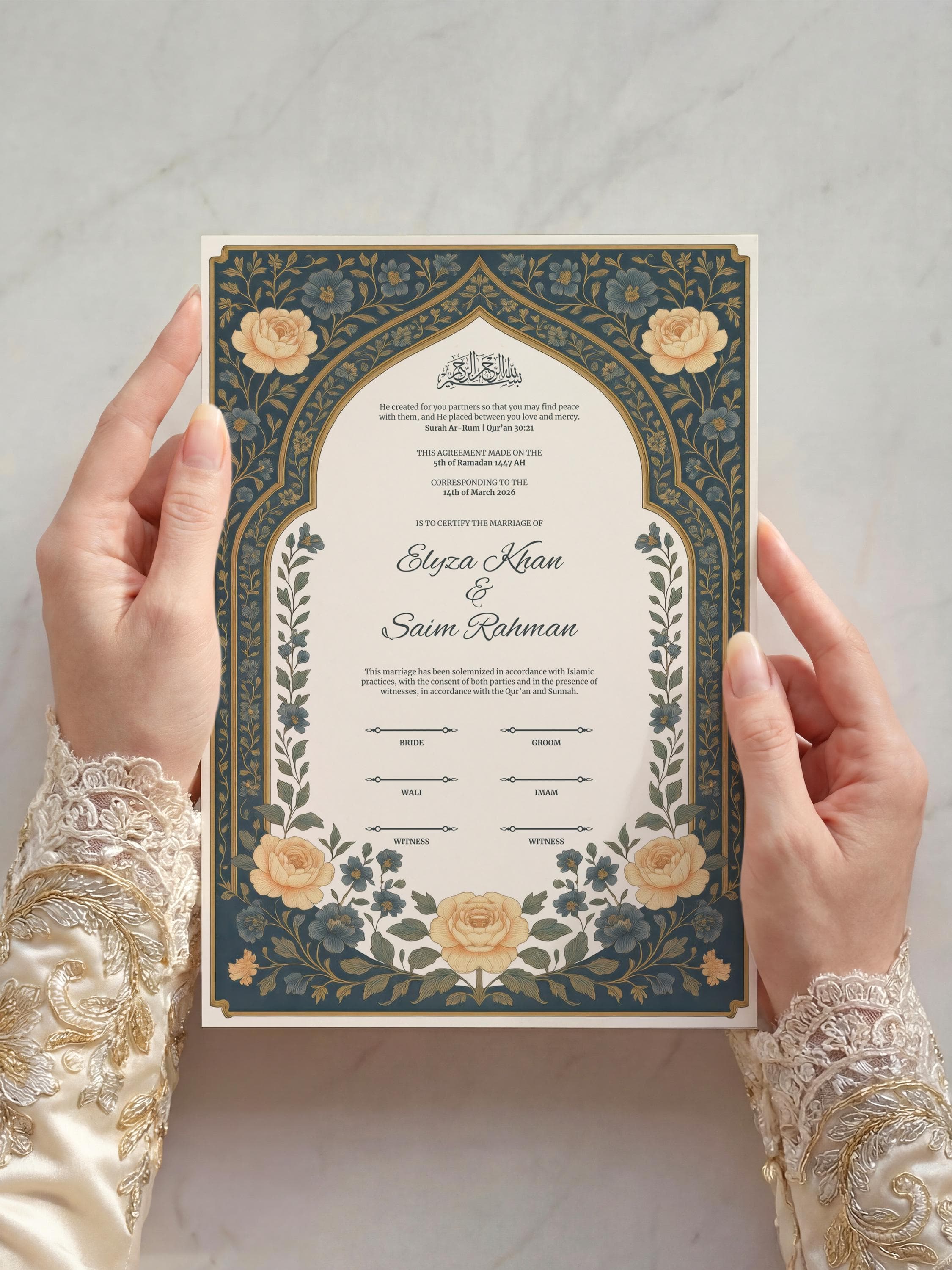 Editable Vintage Floral Muslim Nikkah Certificate | Canva Printable Wedding Contract with Elegant Islamic Arch Design (A3–A4) - image 5