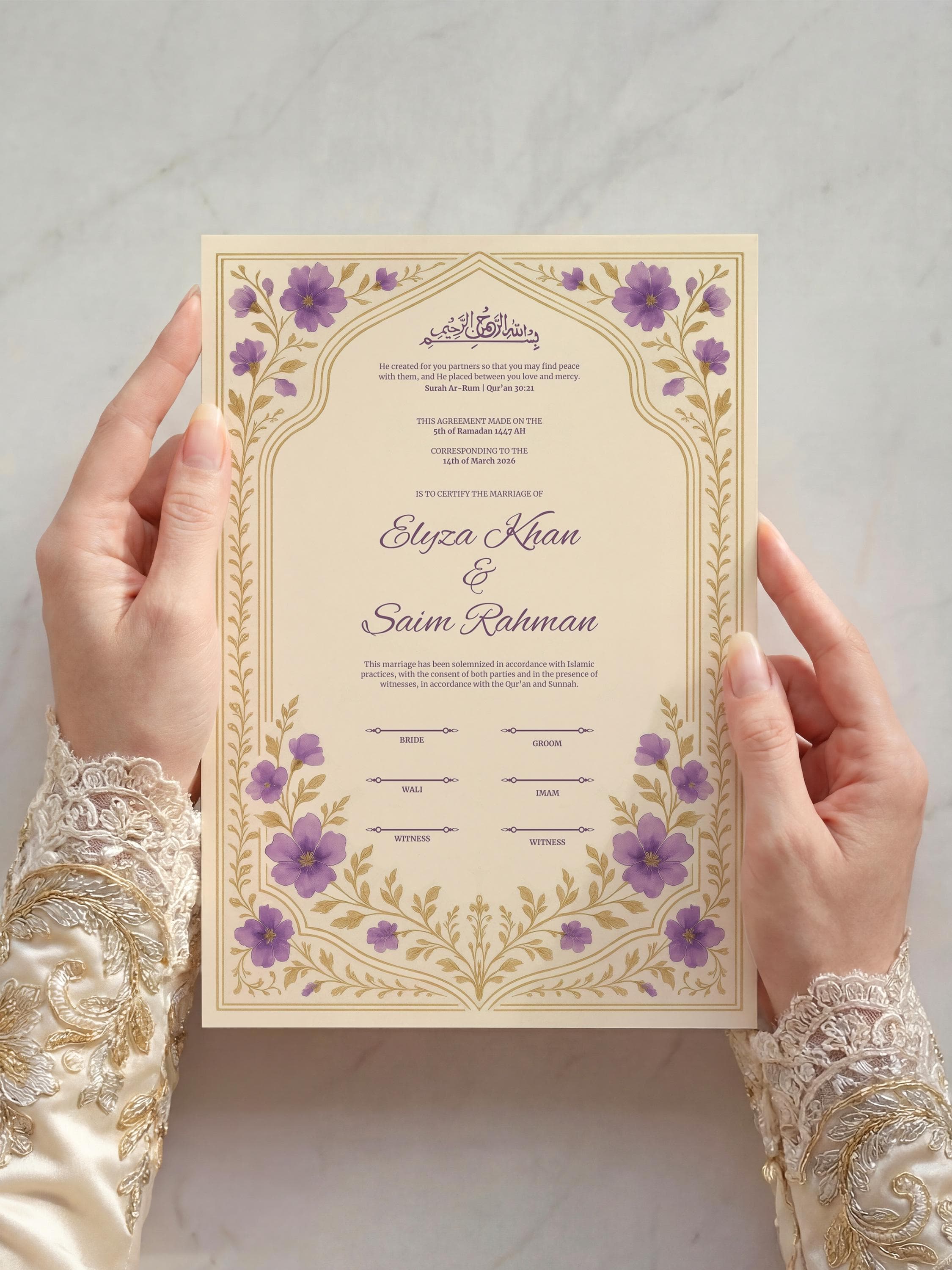 Editable Purple Floral Muslim Nikkah Certificate | Elegant Islamic Wedding Contract (Canva Template A3 & A4) - image 5