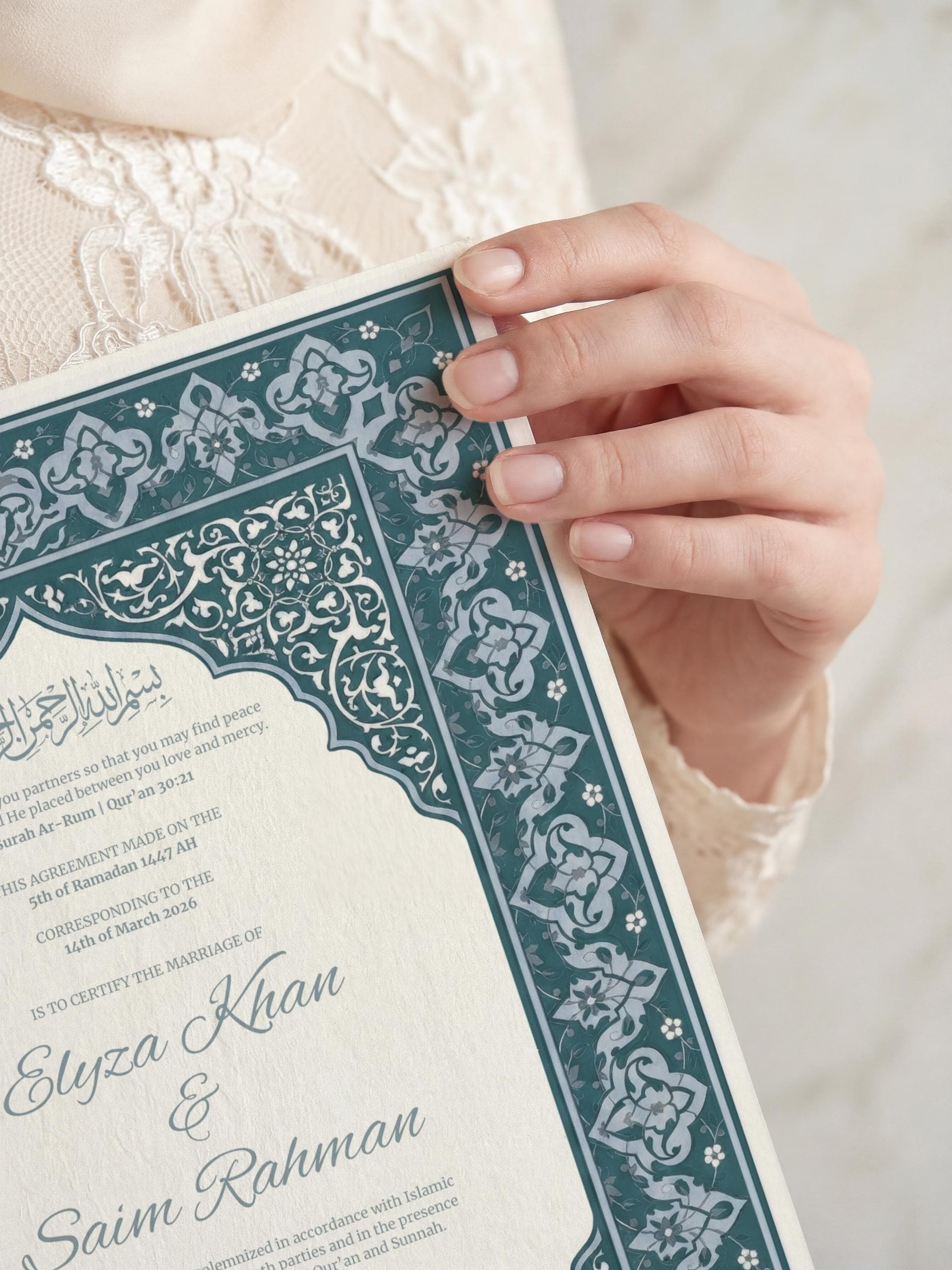 Teal Blue Islamic Nikkah Certificate: Ornate Arch Muslim Wedding Contract, Elegant Marriage Template - image 2