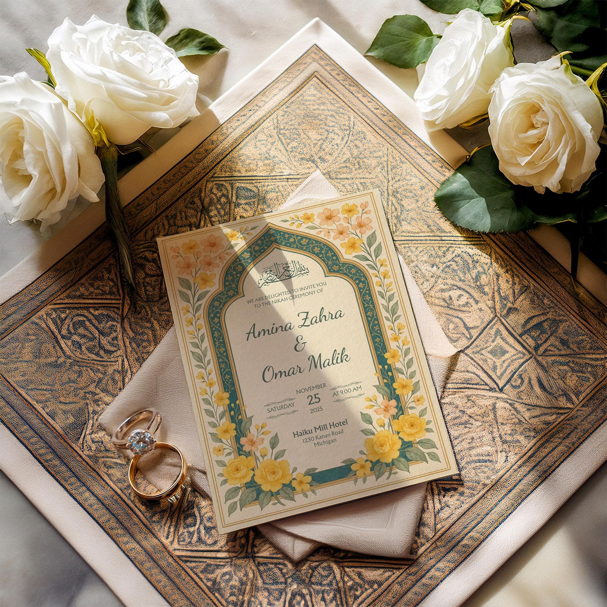 Custom Islamic Canva Template with Yellow Floral Motif | Printable Nikah Ceremony Design with Editable Arabic Calligraphy Elements | WA07 - image 3