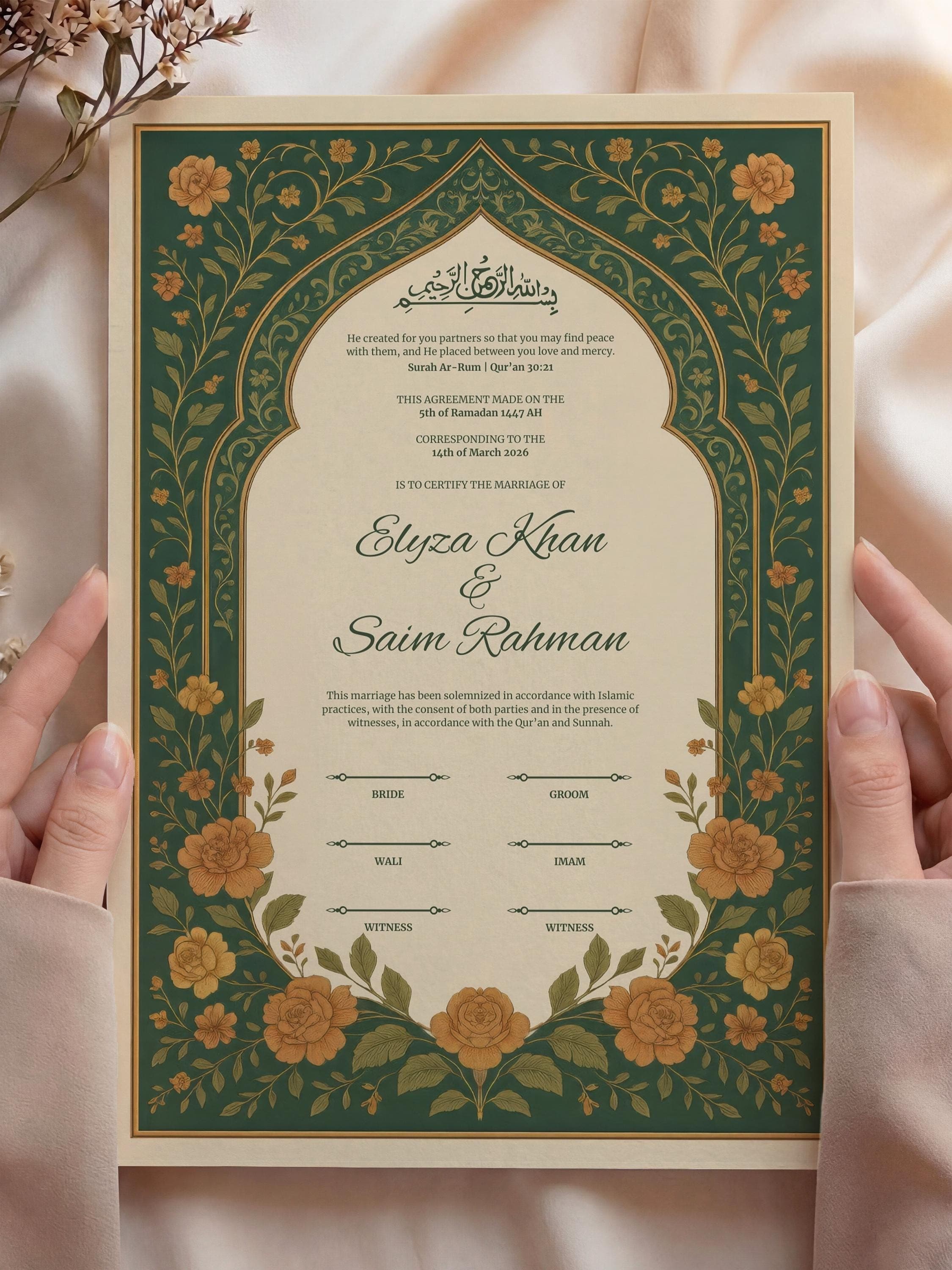Editable Green Floral Muslim Nikkah Certificate | Luxury Islamic Wedding Contract (Digital Download, A3 & A4) - image 3