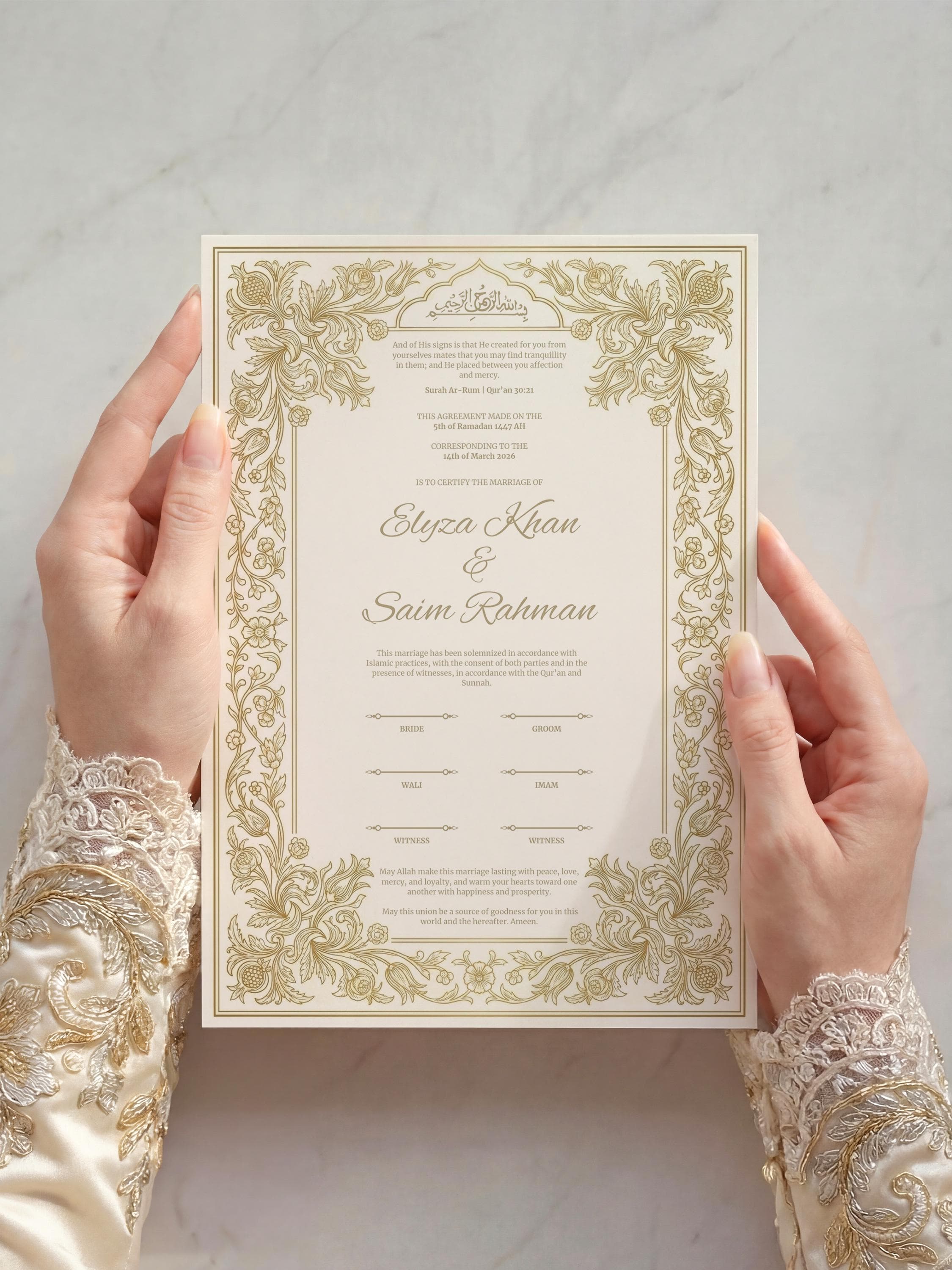Gold Floral Islamic Nikkah Certificate: Luxury Muslim Wedding Certificate, Personalized Marriage Contract - image 5