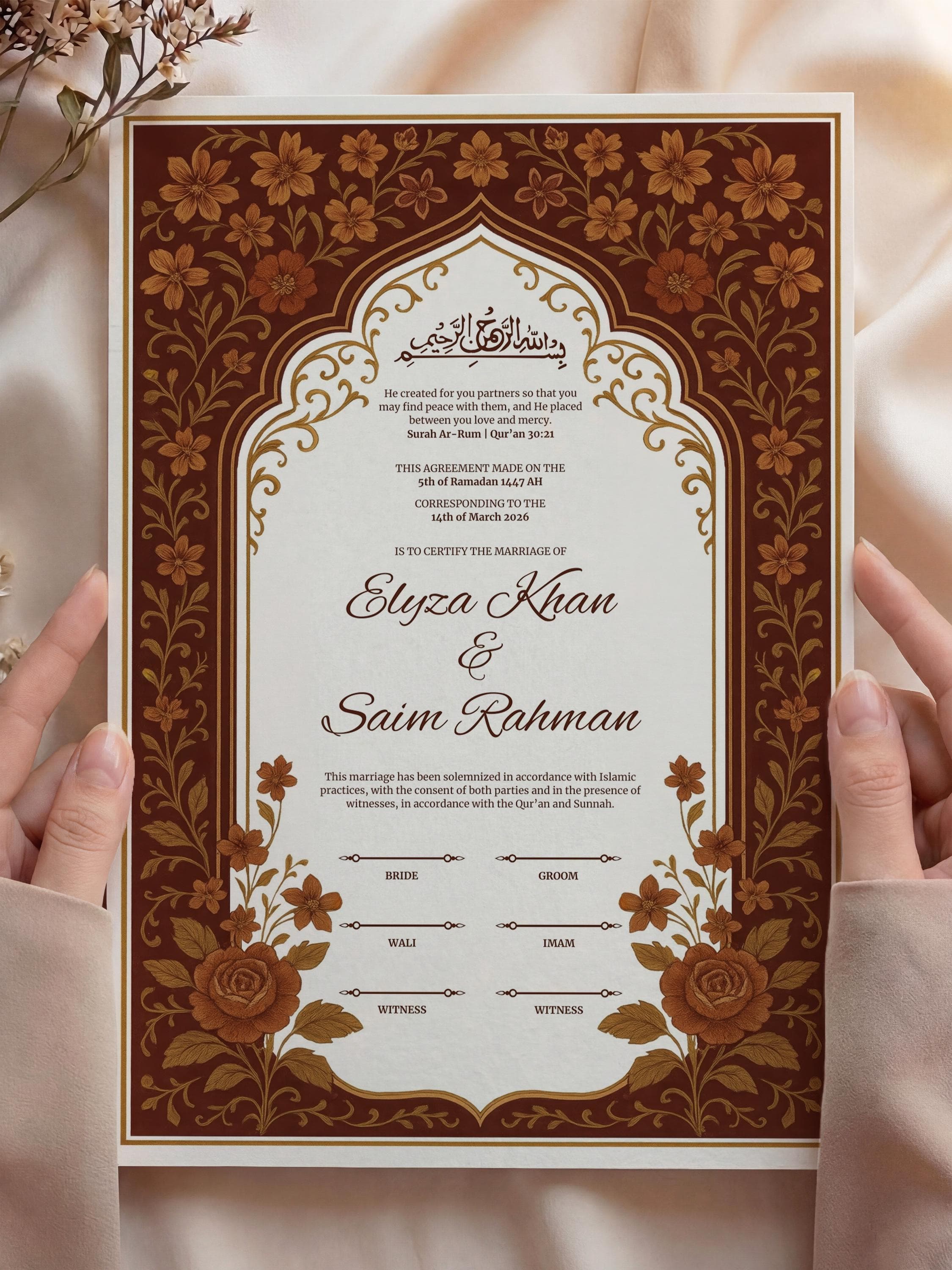 Editable Vintage Floral Muslim Nikkah Certificate | Luxury Islamic Wedding Contract - image 3