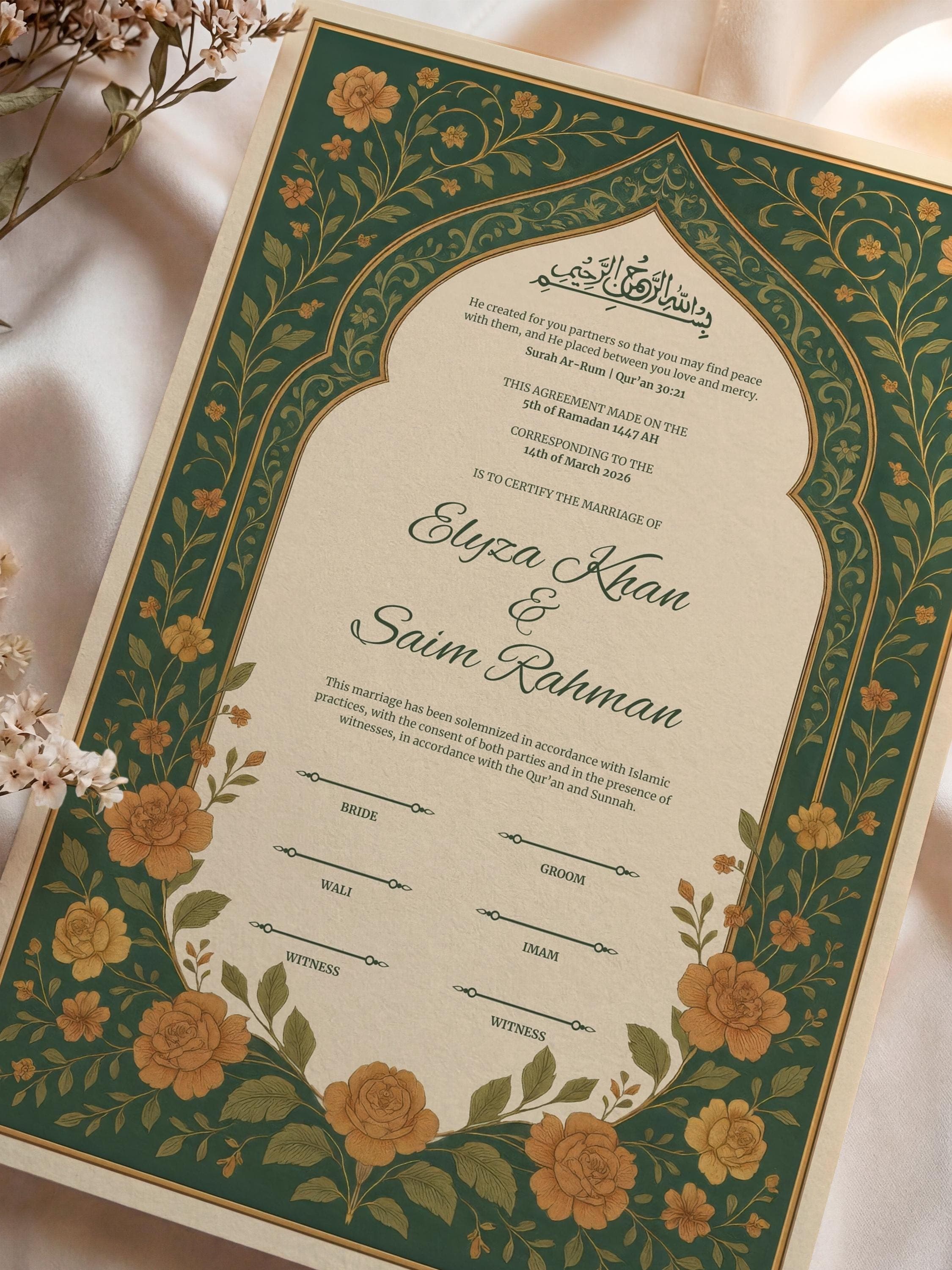 Editable Green Floral Muslim Nikkah Certificate | Luxury Islamic Wedding Contract (Digital Download, A3 & A4)