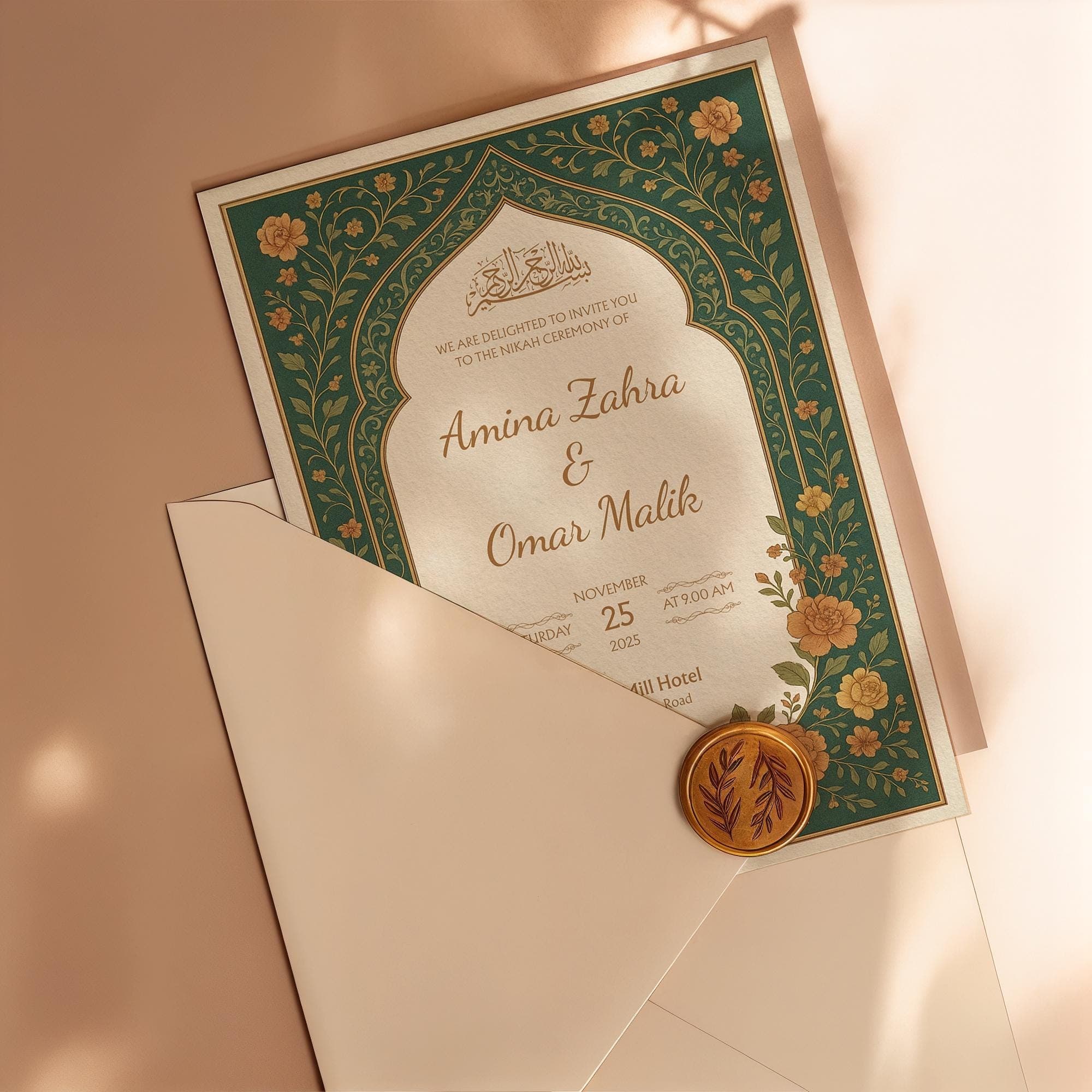 Editable Nikah Invitation Template | Dark Green Burnt Orange Floral Muslim Wedding Canva Card Printable for Islamic Ceremony | WA16 - image 5
