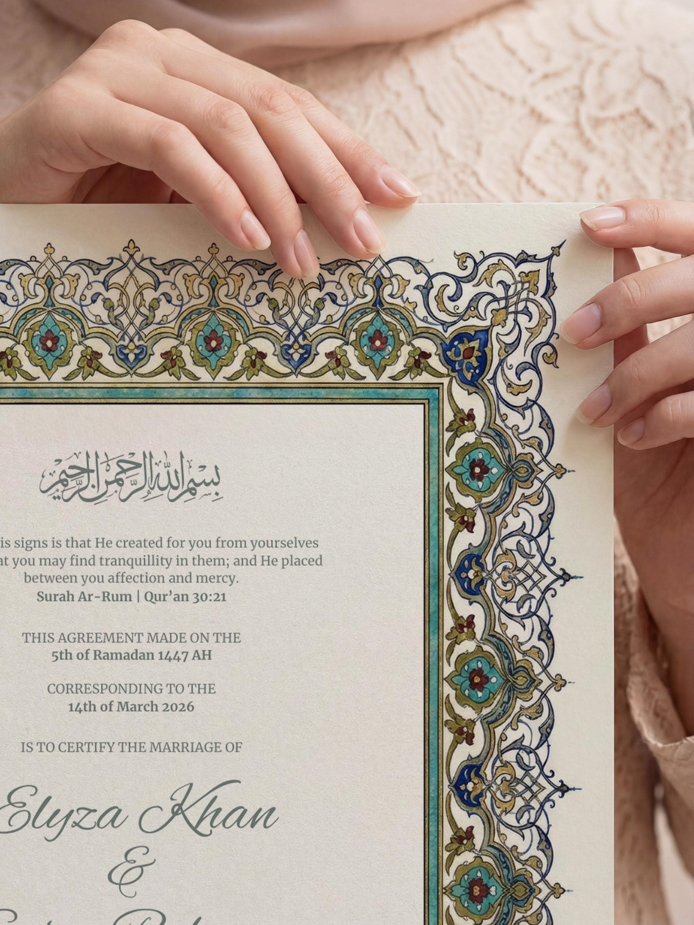 Blue Floral Islamic Nikkah Certificate: Ottoman Iznik Style Muslim Wedding Contract, Elegant Marriage Template - image 5