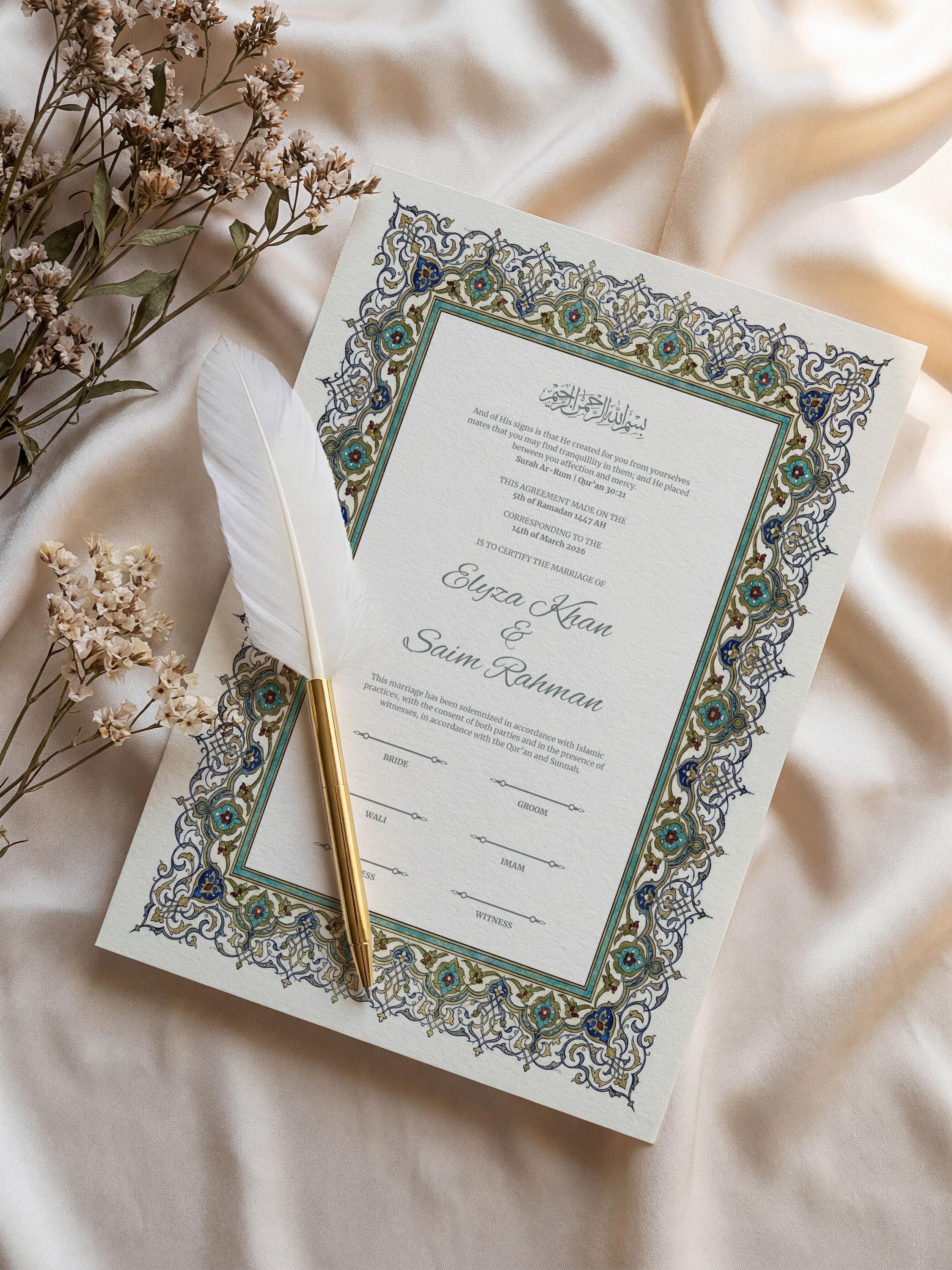 Blue Floral Islamic Nikkah Certificate: Ottoman Iznik Style Muslim Wedding Contract, Elegant Marriage Template - image 4