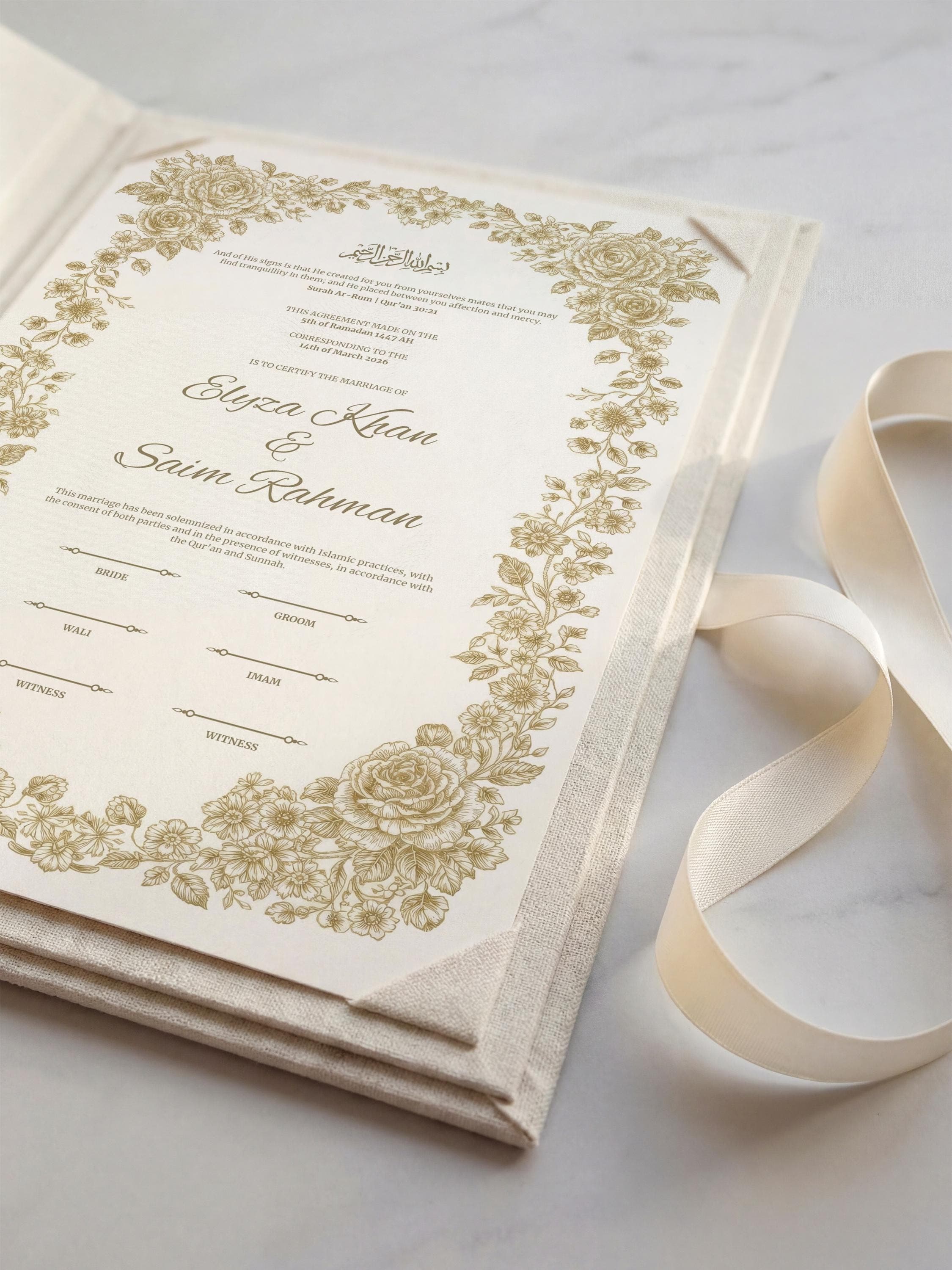 Gold Floral Islamic Nikkah Certificate: Elegant Muslim Wedding Contract, Luxury Personalized Marriage Template - image 4