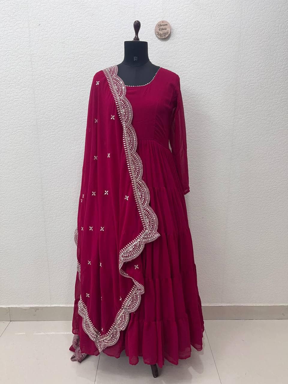 Floral Georgette Anarkali Gown | Embroidered Dupatta, Pakistani Party Dress - image 3