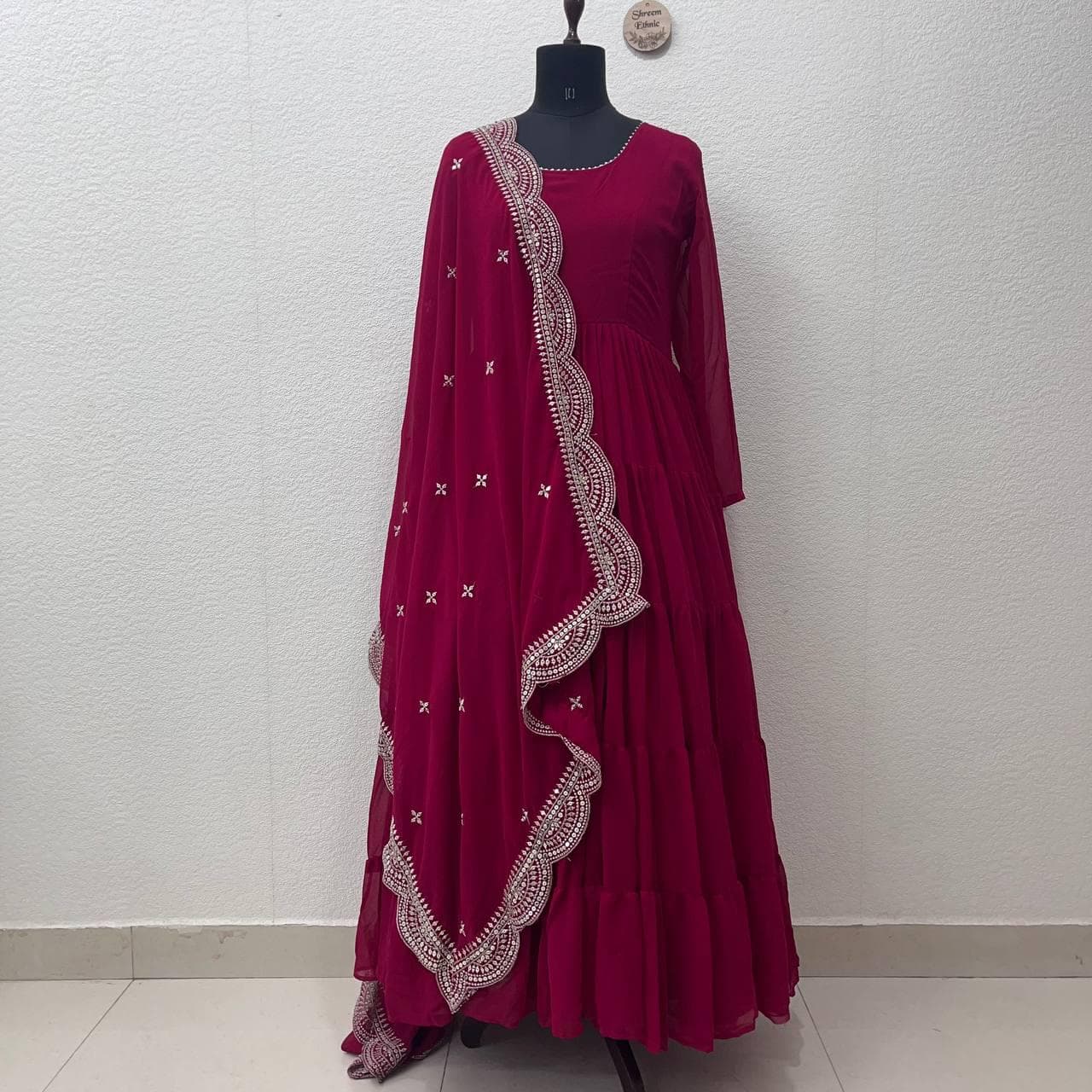 Floral Georgette Anarkali Gown | Embroidered Dupatta, Pakistani Party Dress
