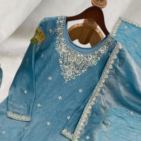 Fandy Silk Palazzo Suit ,Sky Embroidery Sequins kurti Palazzo ,Wedding\Party Indian Ethnic Wear Sharara Palazzo, Kurti Palazo Wedding Outfit - image 3