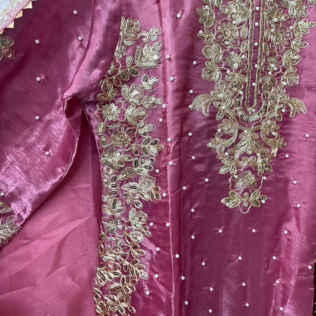 Pink Party Wear Suit Women Jimmy Silk Embroidery Sequins Moti Work Full Sleeves Palazzo Set Ready to Wear Ethnic Wedding Outfit - image 4