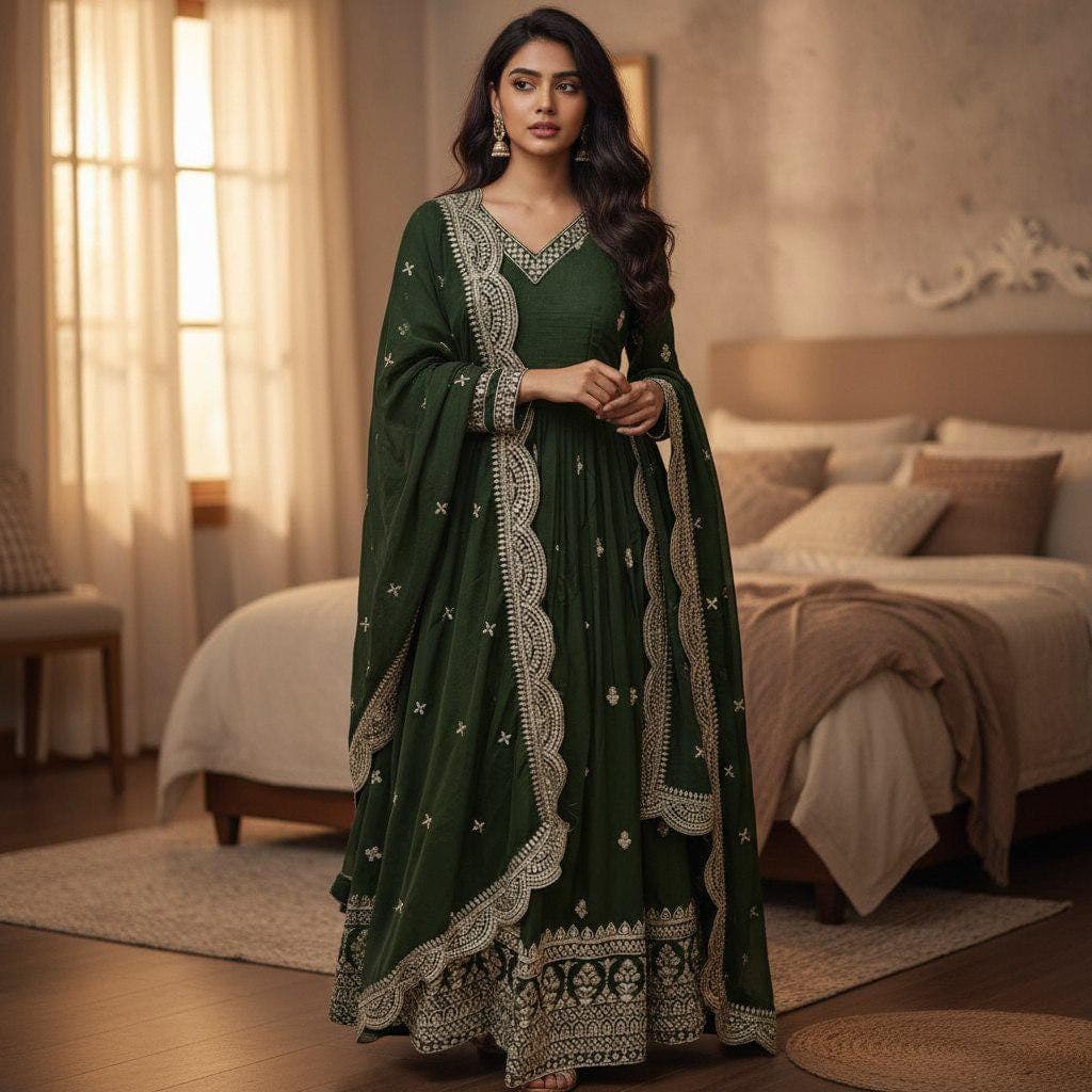 Sequin Embroidered Anarkali Gown, Vichitra Silk Indian Dress
