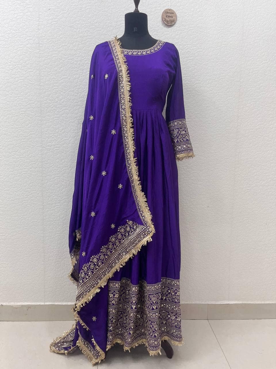 Pure Chinon Silk Anarkali Suit Set, Sequins Embroidery Dupatta, Indian Wedding Outfit - image 4