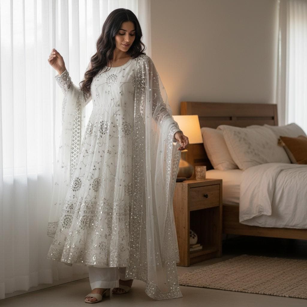 Georgette Anarkali Dress: Sequins Embroidery Indian Gown