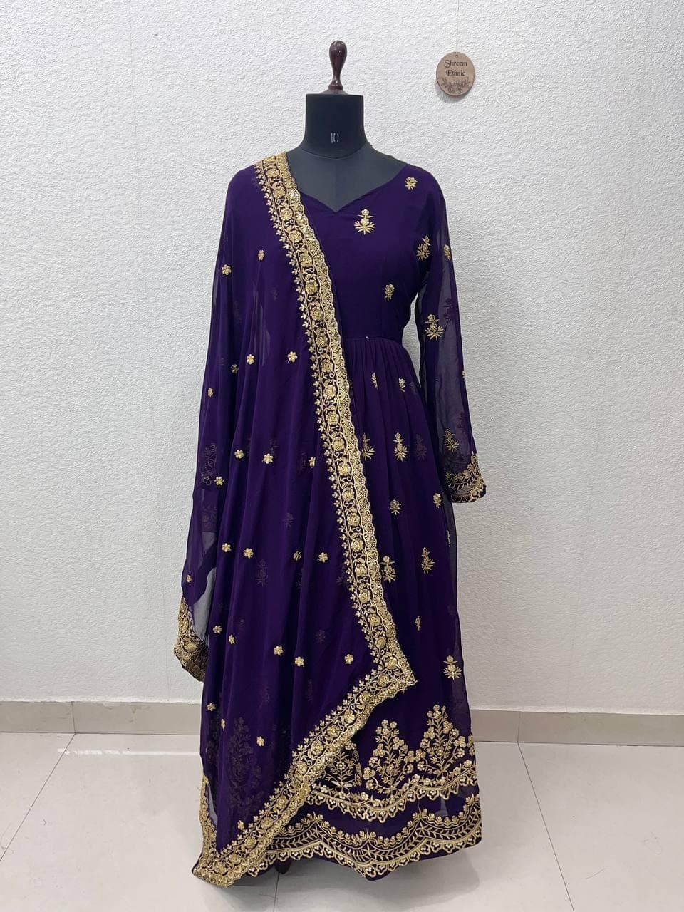 Designer Georgette Anarkali Gown, Wedding Party Embroidery Sequins Flared Dress - image 4