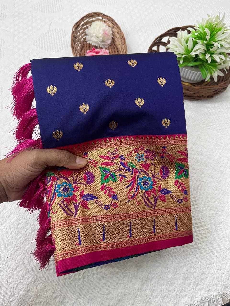 Handwoven Paithani Silk Saree with Golden Zari & Meenakari Peacock Pallu