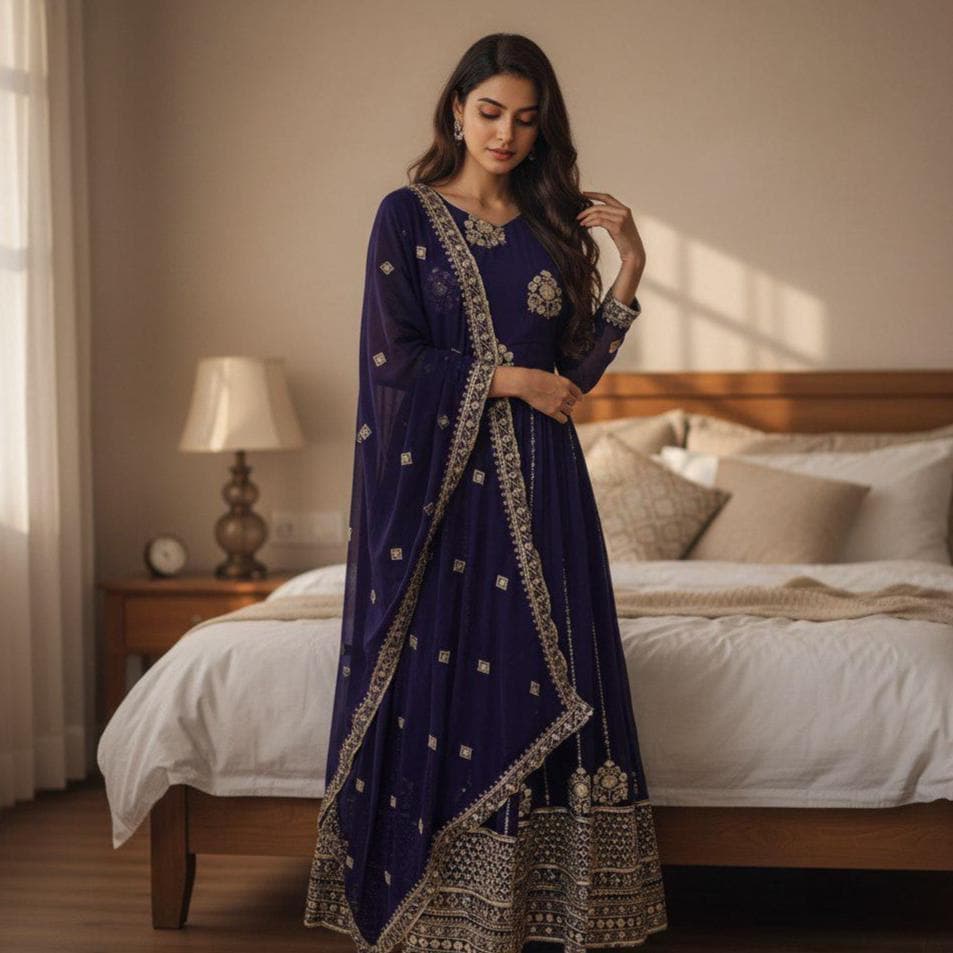 Embroidered Georgette Anarkali Gown, Indian Wedding Ethnic Outfit for Women
