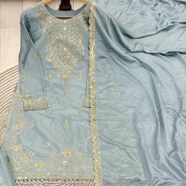 Designer Chinon Kurta Sharara Set, Green Moti Embroidery Sequins Work Plazzo - image 3