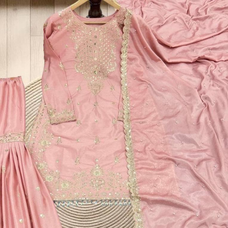 Peach Chinon Kurti Palazzo Set with Embroidery and Moti Work, Designer Ethnic Sharara - image 3