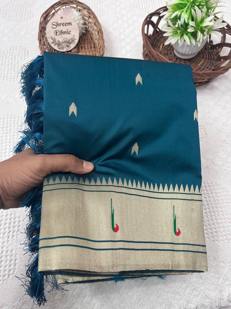 Paithani Silk Saree: Peacock Lotus Design - USA Stitched Blouse