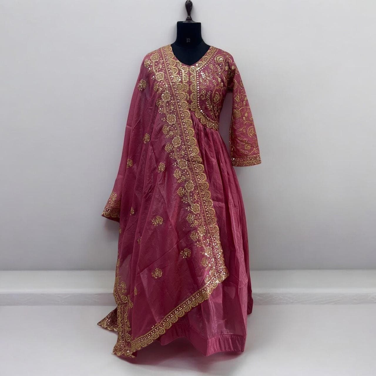 Crush Silk Anarkali Gown with Embroidered Dupatta, Readymade Partywear - image 3