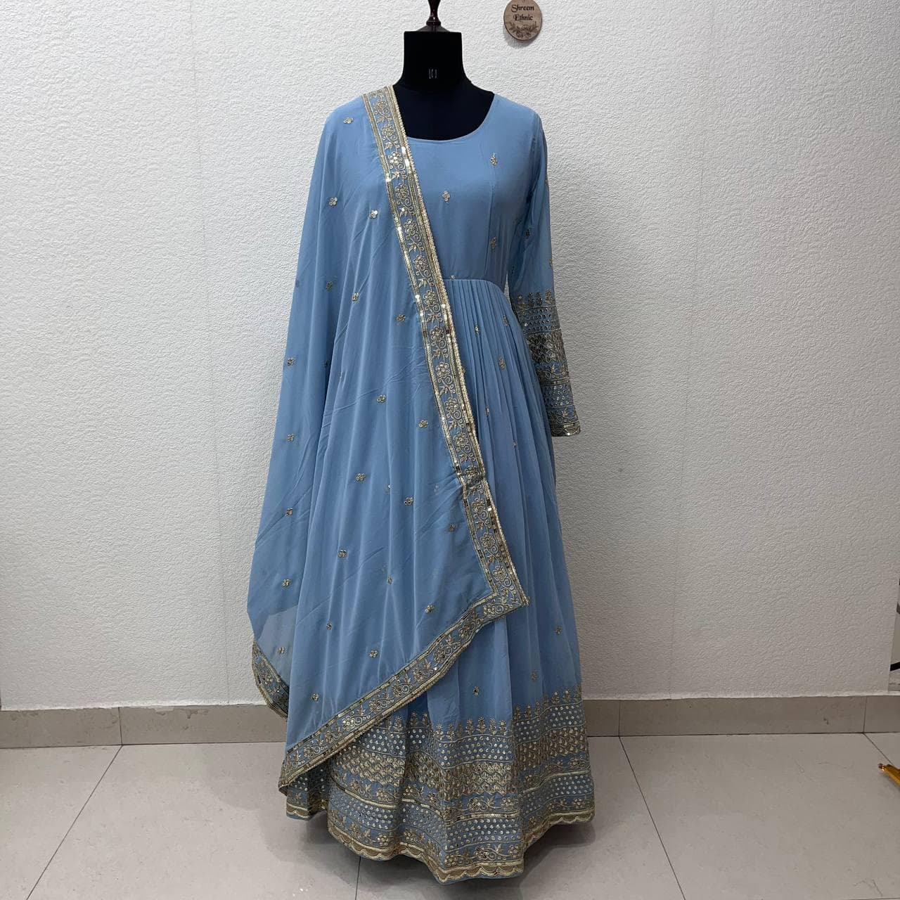 Dusty Blue Faux Georgette Anarkali Gown | Embroidered Bollywood Dress - image 3