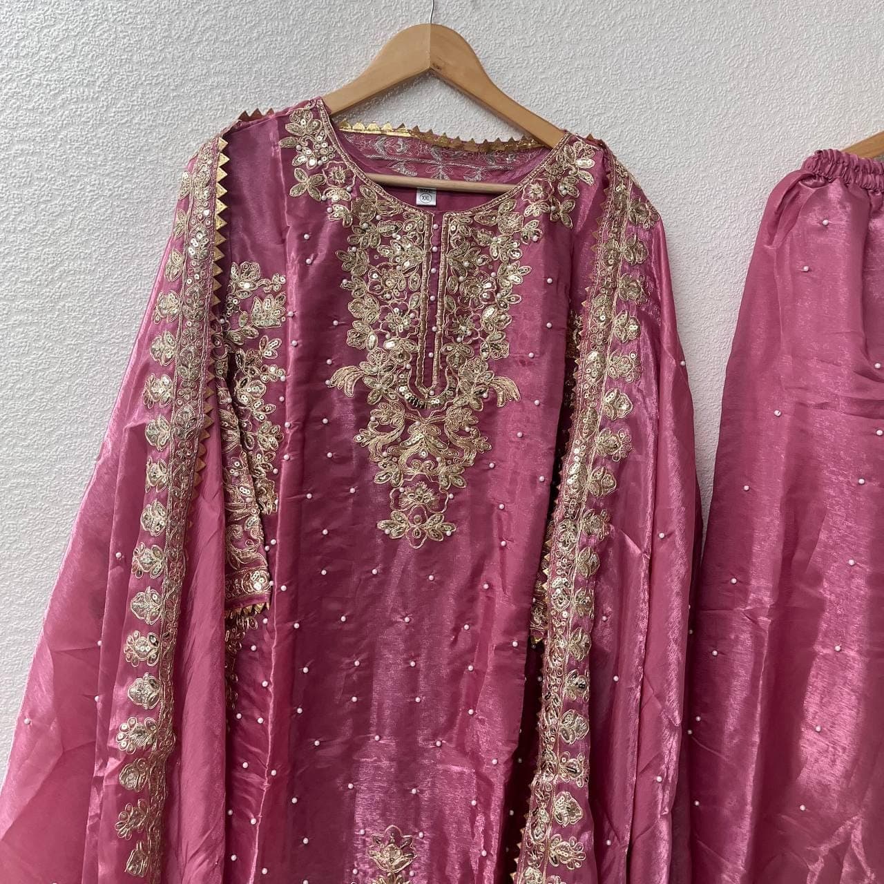 Pink Party Wear Suit Women Jimmy Silk Embroidery Sequins Moti Work Full Sleeves Palazzo Set Ready to Wear Ethnic Wedding Outfit - image 5