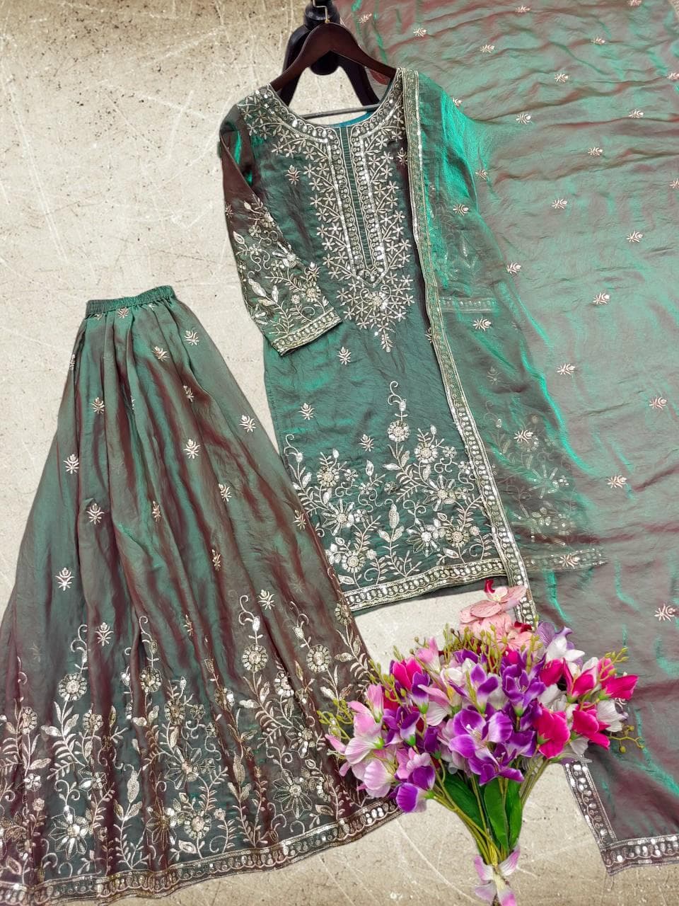 Indian Designer Jimmy Silky Palazzo Kurti Set ,Green Salwar kameez Palazzo suit, Ethnic Embroidery Wedding\Party Palazzo Dupatta Outfit - image 4