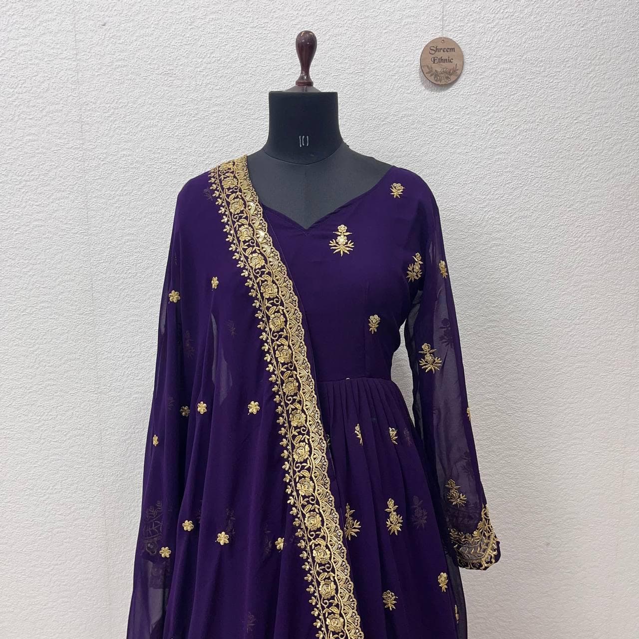 Designer Georgette Anarkali Gown, Wedding Party Embroidery Sequins Flared Dress - image 3