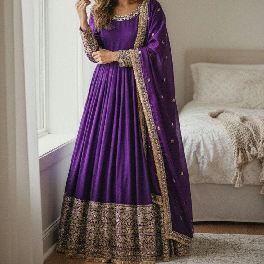 Pure Chinon Silk Anarkali Suit Set, Sequins Embroidery Dupatta, Indian Wedding Outfit