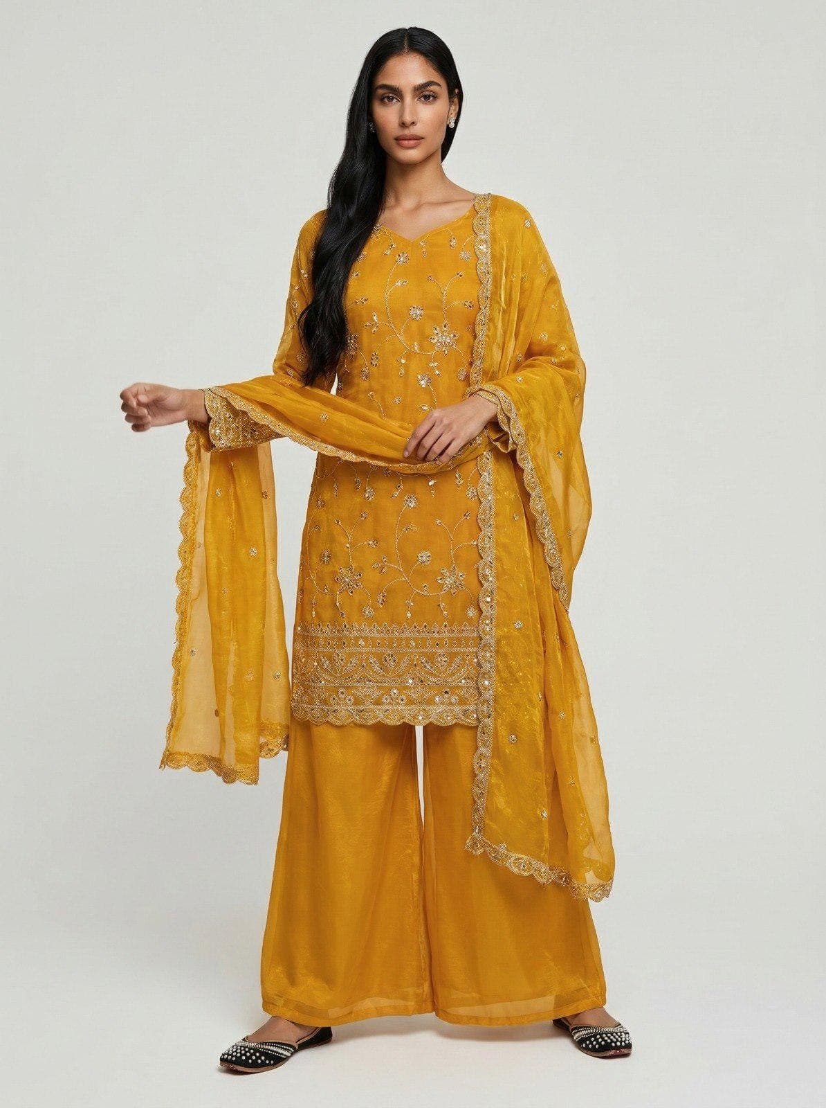 Yellow Silk Kurta Palazzo Set Embroidery Sequins Wedding Party Wear Indian Pakistani Dress