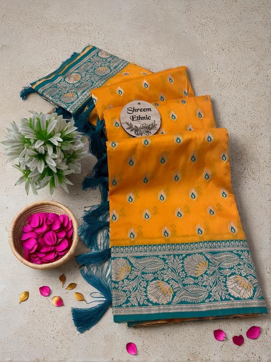 Golden Zari Banarasi Silk Saree | Meenakari Pallu & Tassels - image 3
