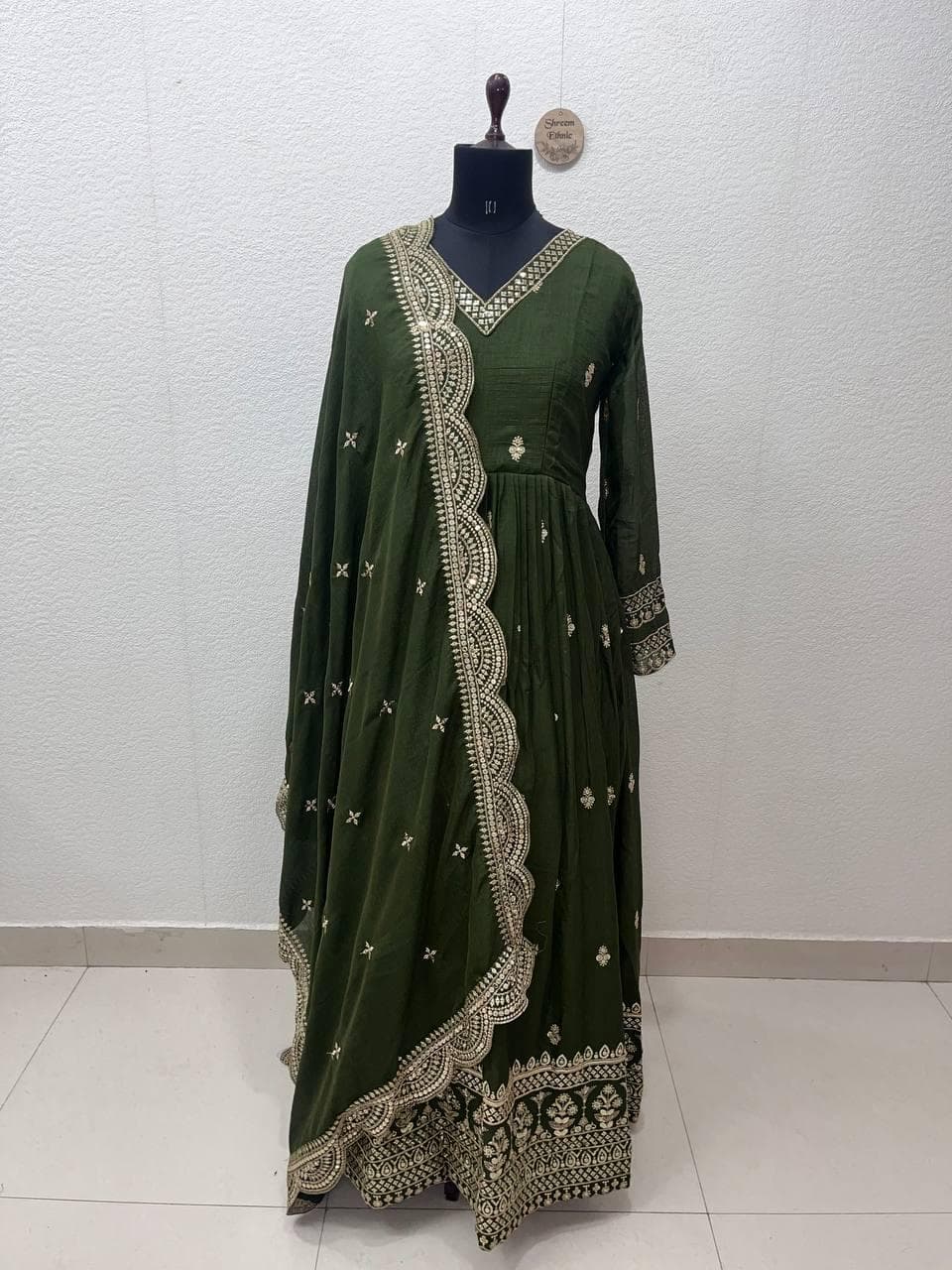 Sequin Embroidered Anarkali Gown, Vichitra Silk Indian Dress - image 4