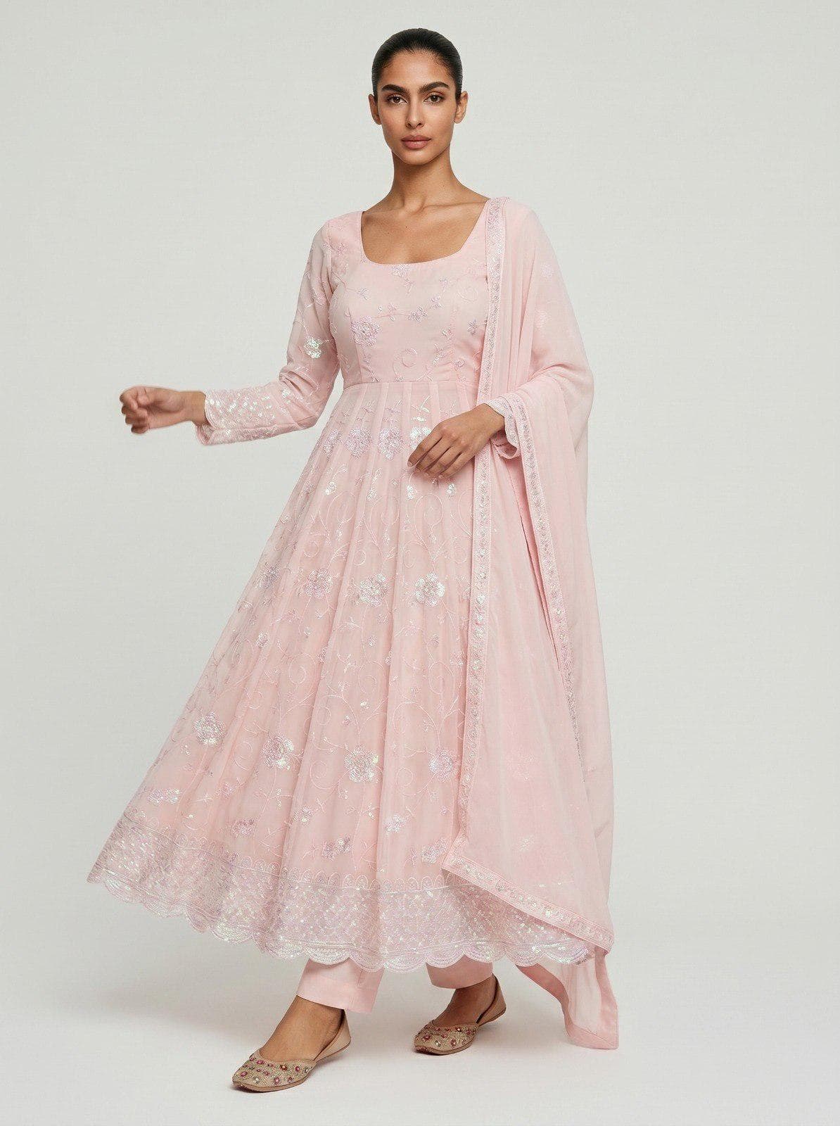 Georgette Anarkali Dress: Sequins Embroidery Indian Gown