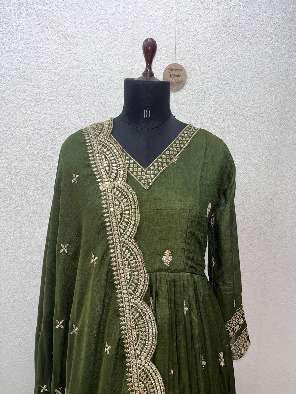 Sequin Embroidered Anarkali Gown, Vichitra Silk Indian Dress - image 3