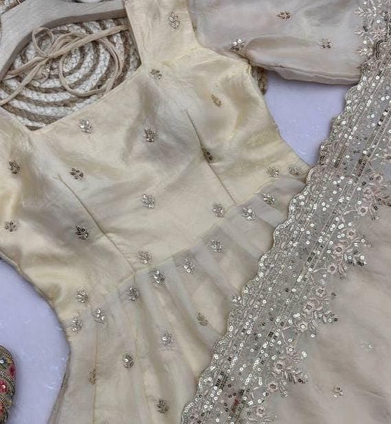 Stylish Ready to Wear Beige Anarkali Suit Heavy Fandy Silk Embroidery Sequins Indian Wedding Reception Party Wear Designer Ethnic Outfit - image 4