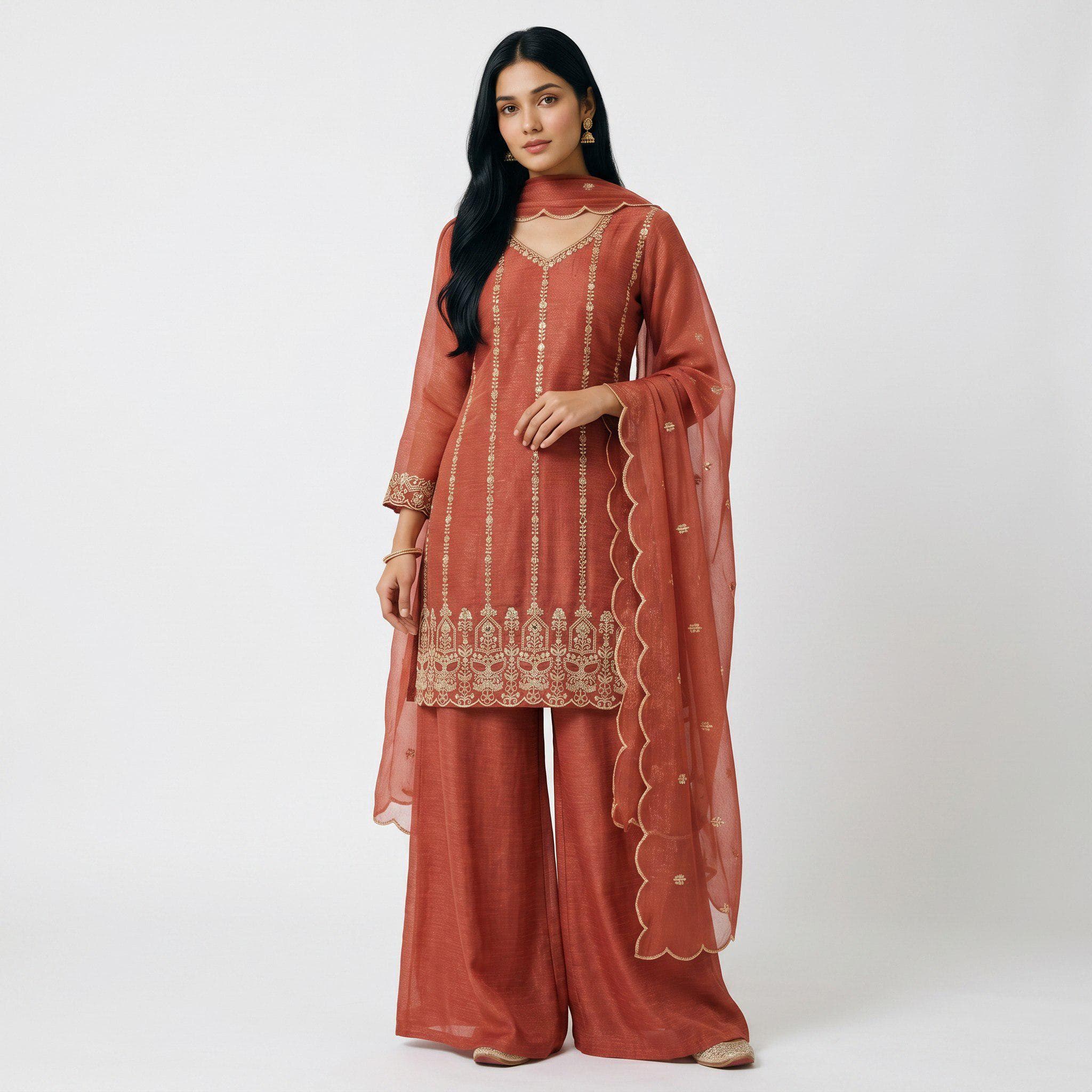 Crunchy Silk Palazzo Kurti Set, Wedding Party Wear Palazzo Suit, Beads Sequin Embroidery Kurta Dupatta, Indian Ethnic Designer Palazzo