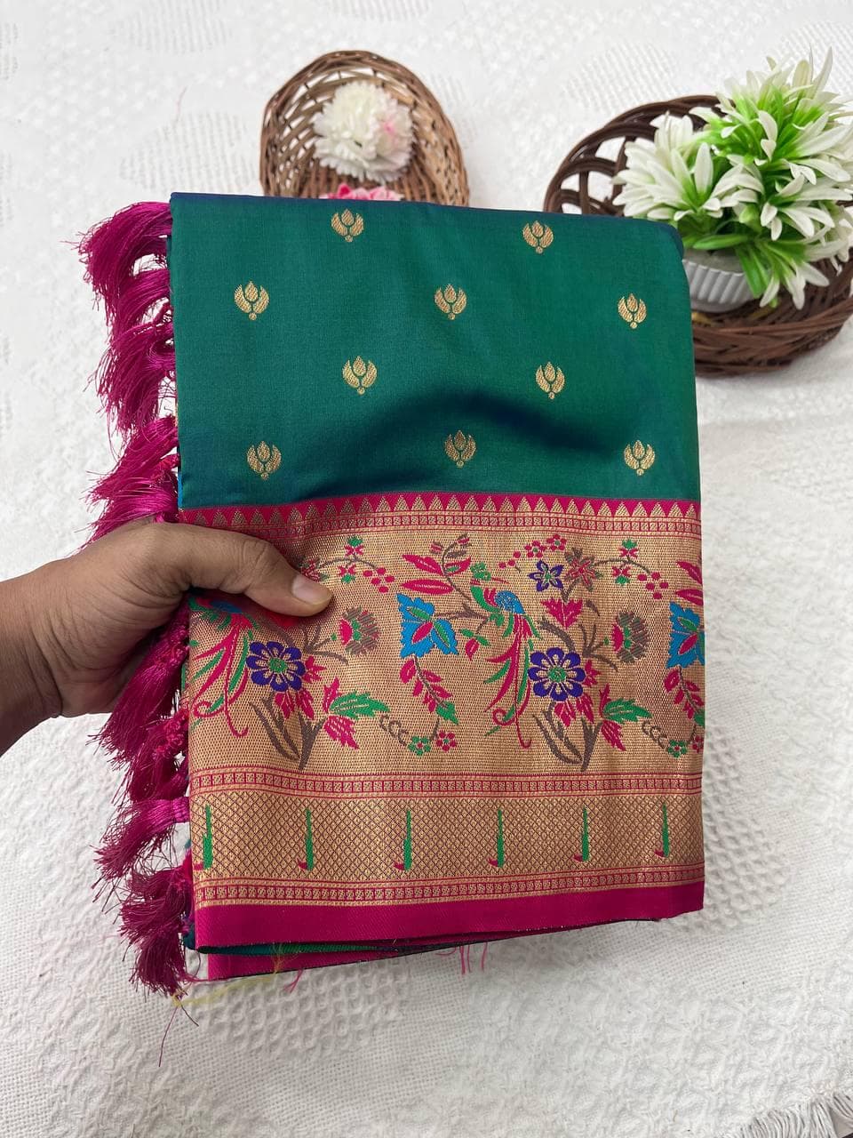 Handwoven Paithani Silk Saree with Golden Zari & Meenakari Peacock Pallu - image 5