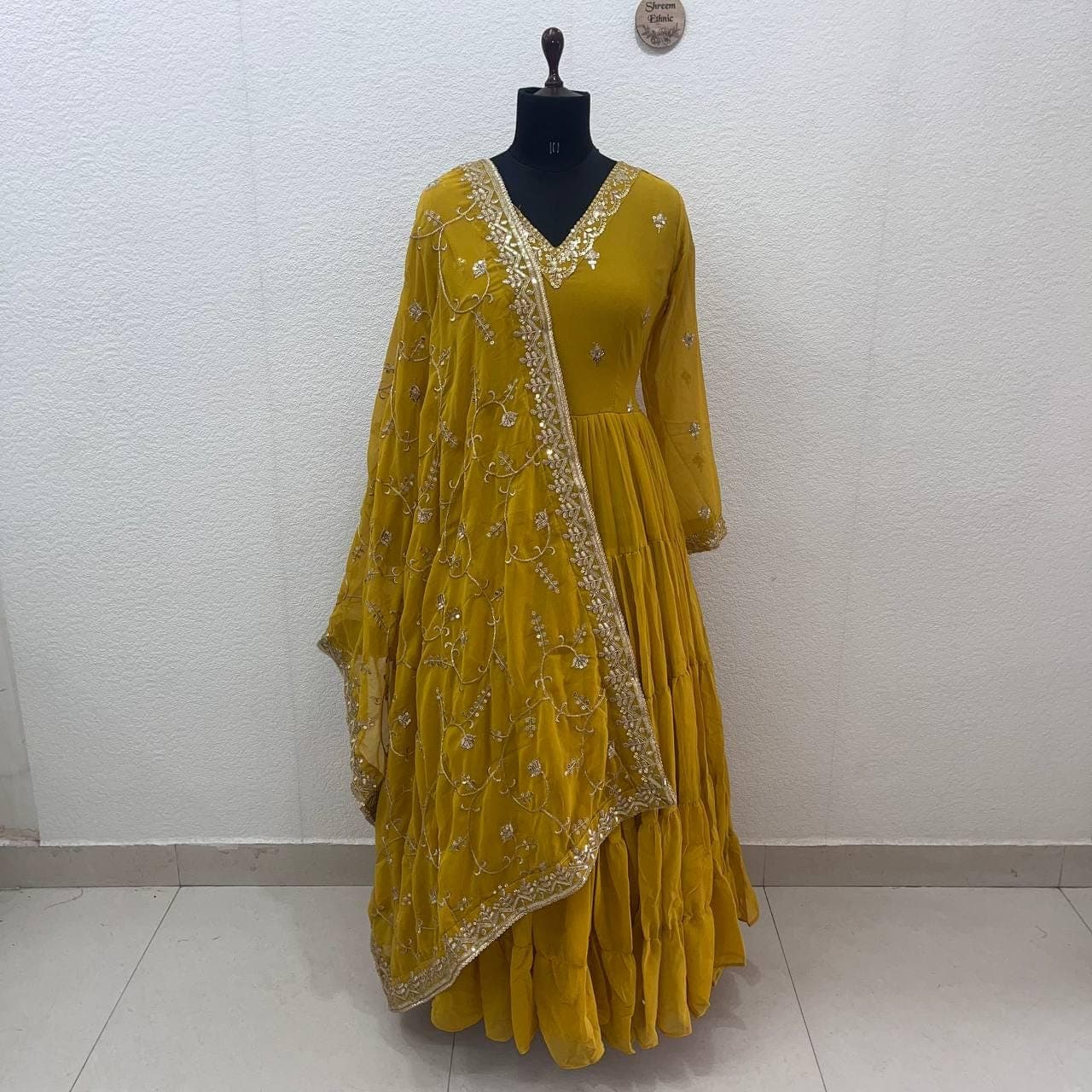 Yellow Georgette Anarkali Gown with Sequins Dupatta - image 4