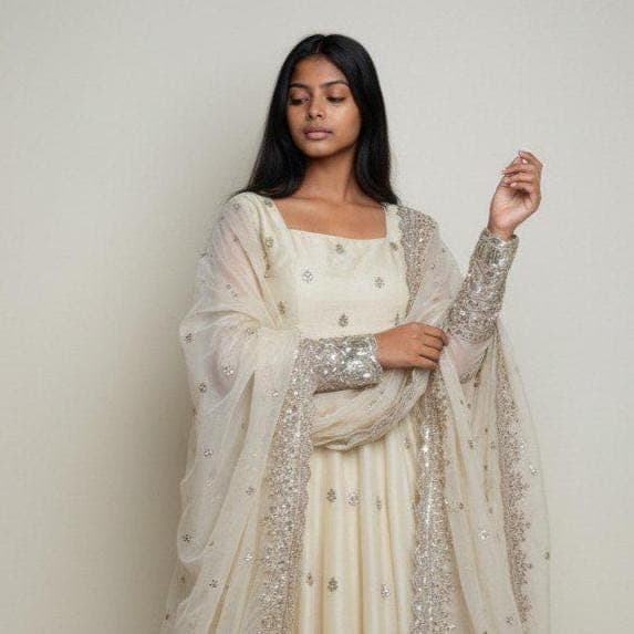 Stylish Ready to Wear Beige Anarkali Suit Heavy Fandy Silk Embroidery Sequins Indian Wedding Reception Party Wear Designer Ethnic Outfit - image 3