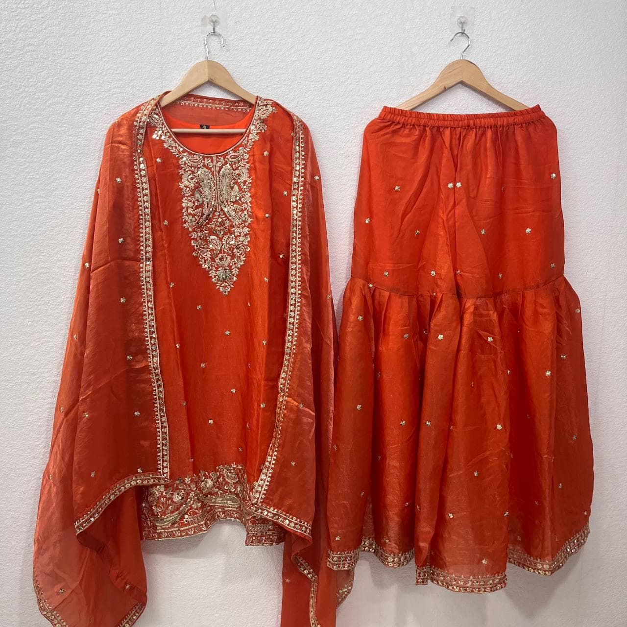 Designer Orange Fandy Silk Embroidery Sequins Work Suit for Women, Ready to Wear Party Wear Ethnic Dress - image 3