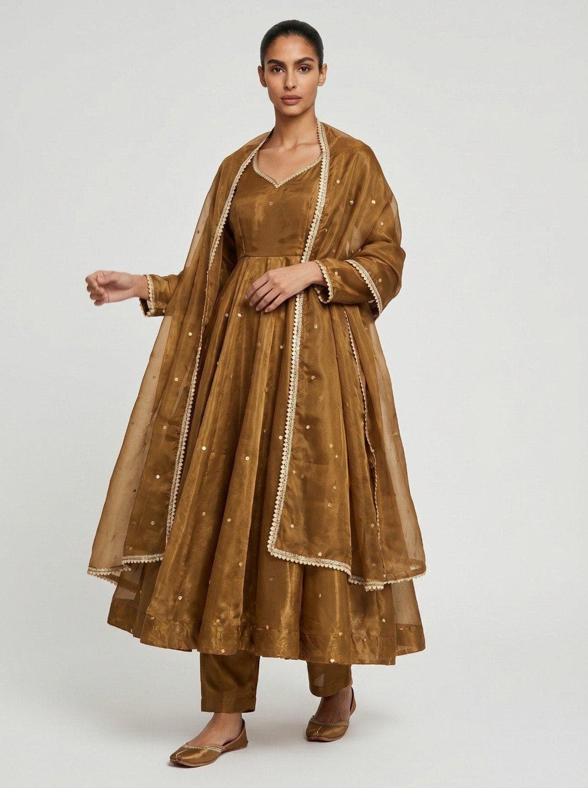Brown Silk Anarkali Suit with Embroidery and Sequins – Indian Wedding Party Wear