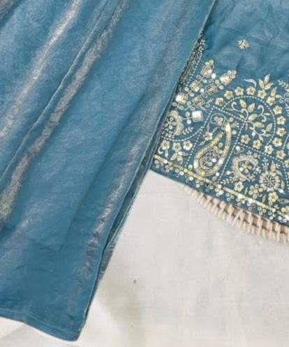 Fandy Silk Palazzo Suit ,Sky Embroidery Sequins kurti Palazzo ,Wedding\Party Indian Ethnic Wear Sharara Palazzo, Kurti Palazo Wedding Outfit - image 5