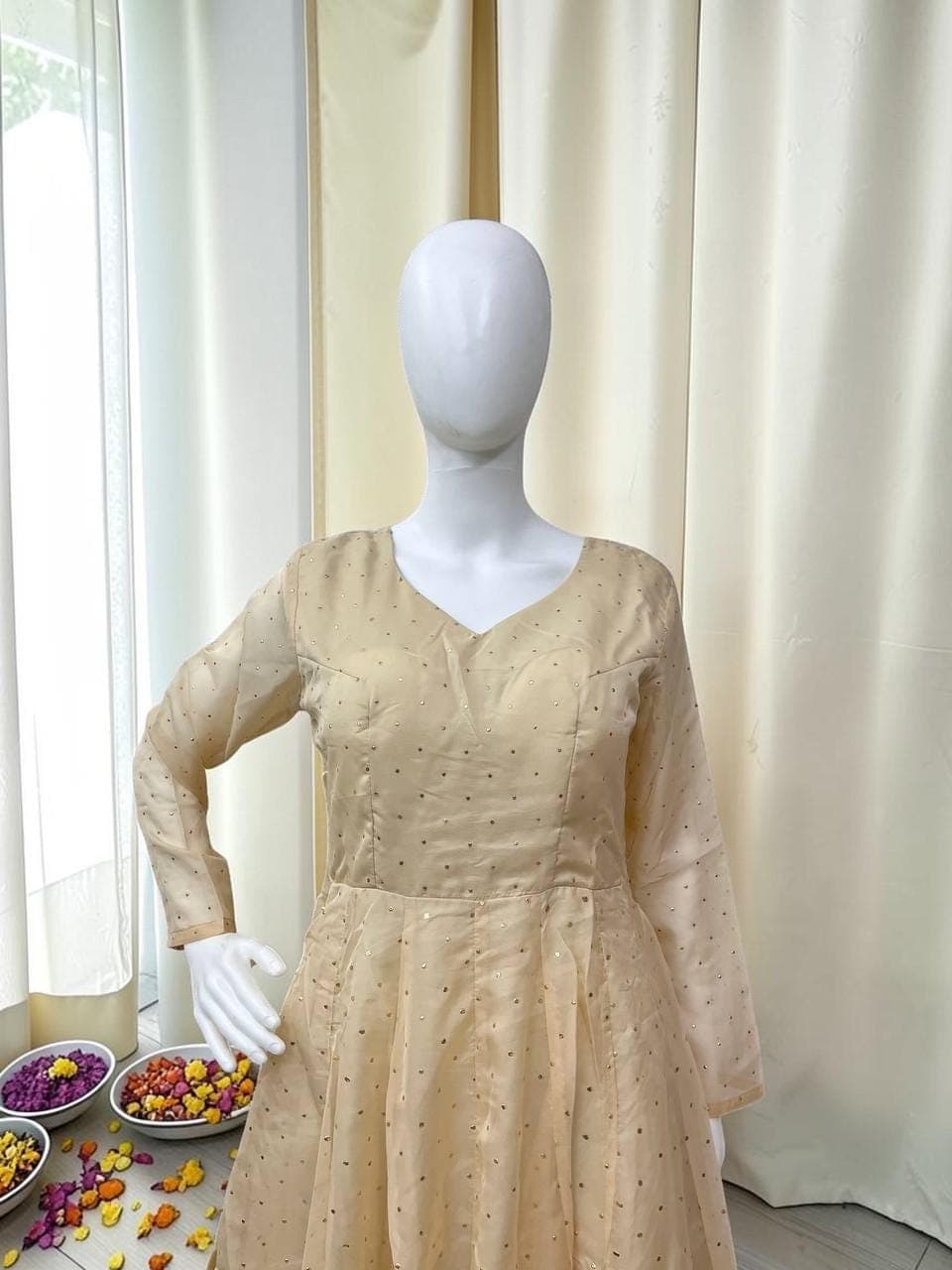 Indian Sharara Palazzo Suit, Beige Organza Silk Foil Work, Bridal Wedding Wear, Ethnic Sharara Set, Abaya Style Kurta Palazzo Wedding Dress - image 5