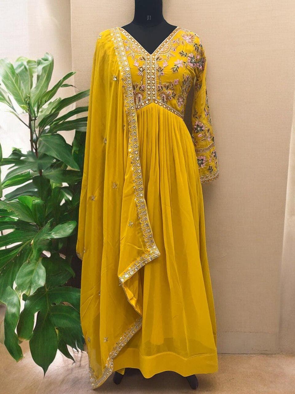 Yellow Georgette Anarkali Gown with Zari Sequins Embroidery, Wedding Ethnic Outfit - image 4