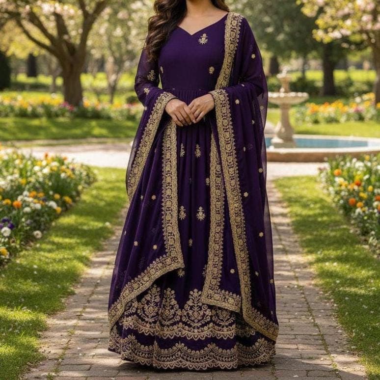 Designer Georgette Anarkali Gown, Wedding Party Embroidery Sequins Flared Dress