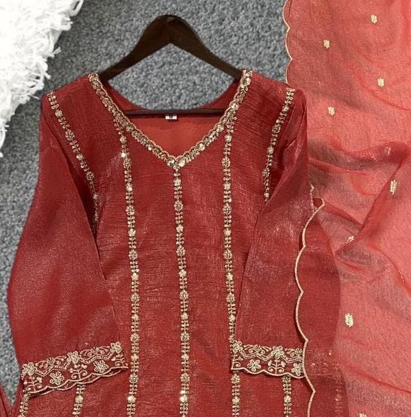Crunchy Silk Palazzo Kurti Set, Wedding Party Wear Palazzo Suit, Beads Sequin Embroidery Kurta Dupatta, Indian Ethnic Designer Palazzo - image 3