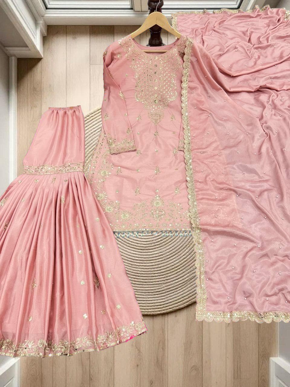 Peach Chinon Kurti Palazzo Set with Embroidery and Moti Work, Designer Ethnic Sharara - image 4